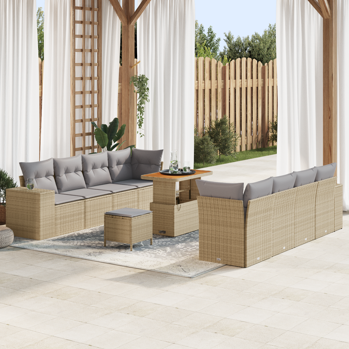 Set di sofa giardino da 11 pezzi con cuscini Beige Polyrattan Acacia