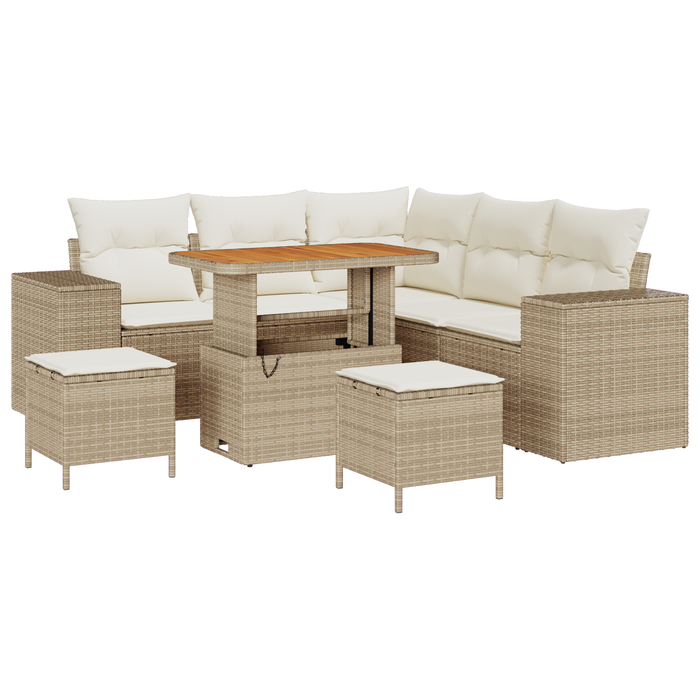 Set Divano da Giardino 8 Pezzi con Cuscini Beige Polirattan Acacia