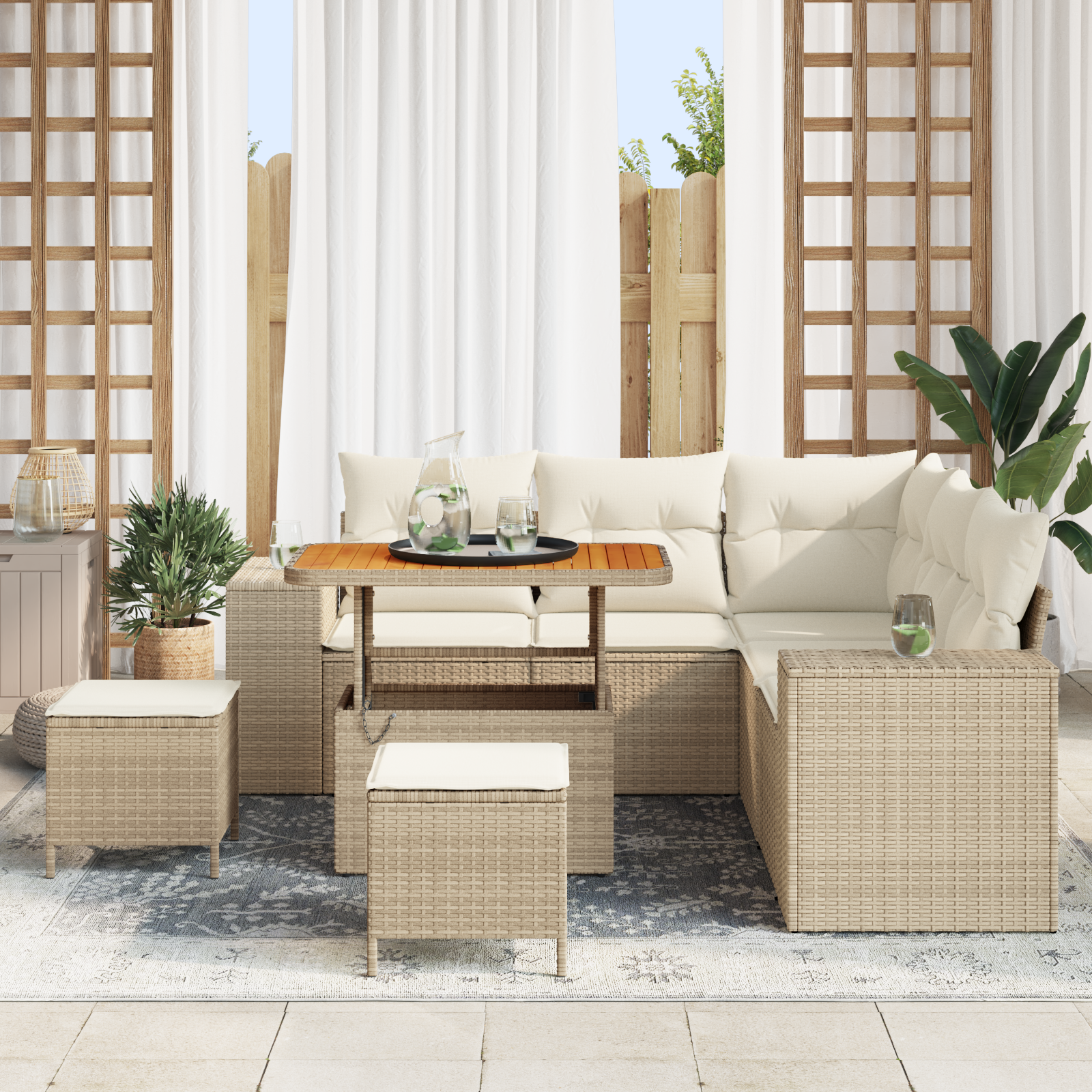 Set Divano da Giardino 8 Pezzi con Cuscini Beige Polirattan Acacia