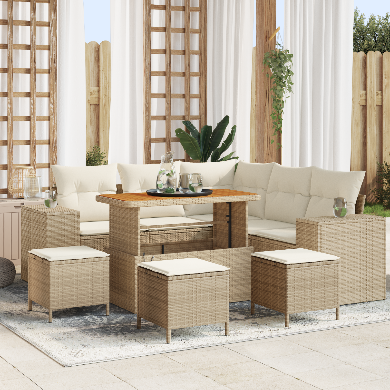 Set di Divano da Giardino con Cuscini Beige Polyrattan Acacia 9 Pezzi