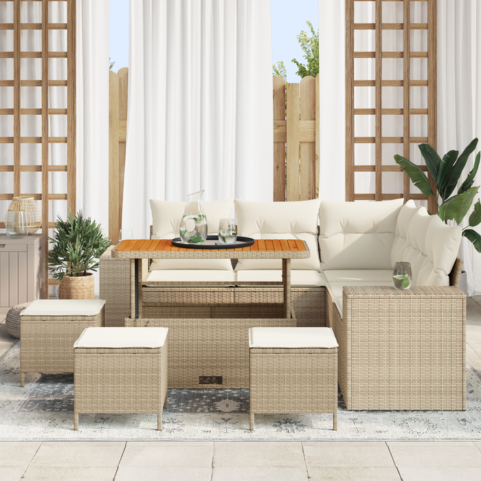 Set di Divano da Giardino con Cuscini Beige Polyrattan Acacia 9 Pezzi