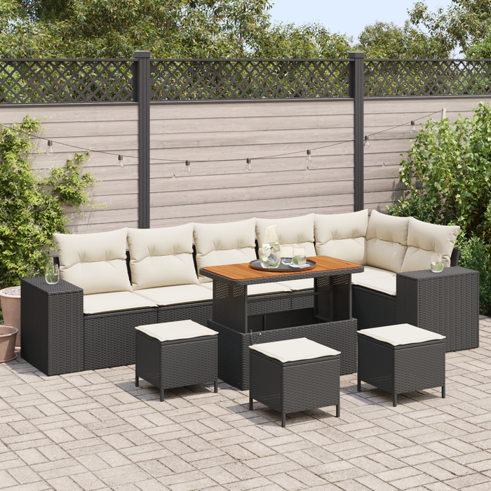 Set di Divani da Giardino con Cuscini 10 Pezzi in Rattan Polimerico Nero Acacia