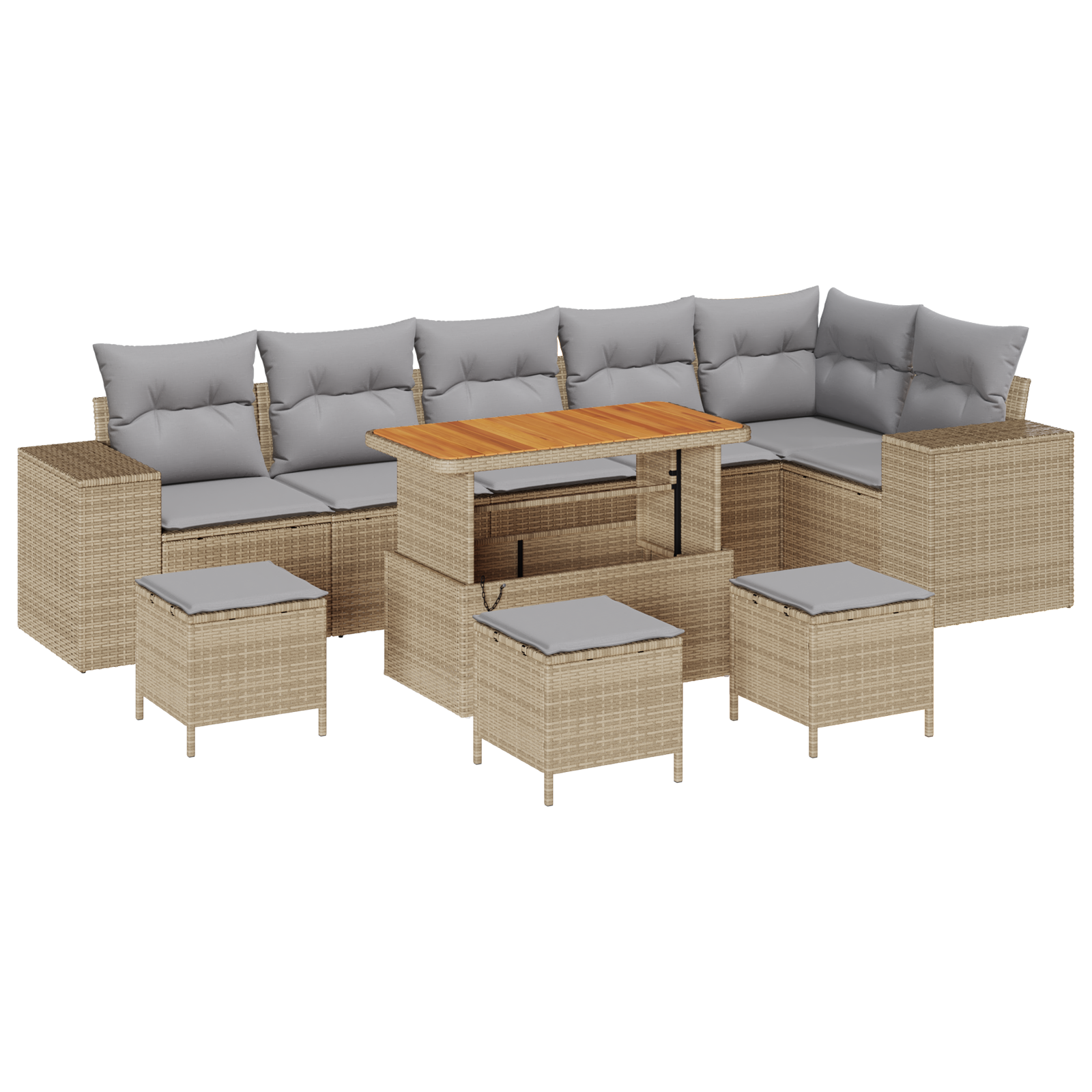 Set di Divani da Giardino da 10 Pezzi con Cuscini Beige Polirattan Acacia