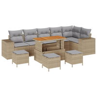 Set di Divani da Giardino da 10 Pezzi con Cuscini Beige Polirattan Acacia