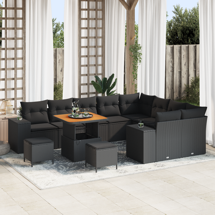 Set di divani da giardino con cuscini neri in polyrattan acacia da 12 pezzi
