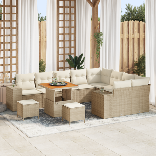 Set Divano da Giardino  12 Pezzi con Cuscini Beige Polyrattan Acacia