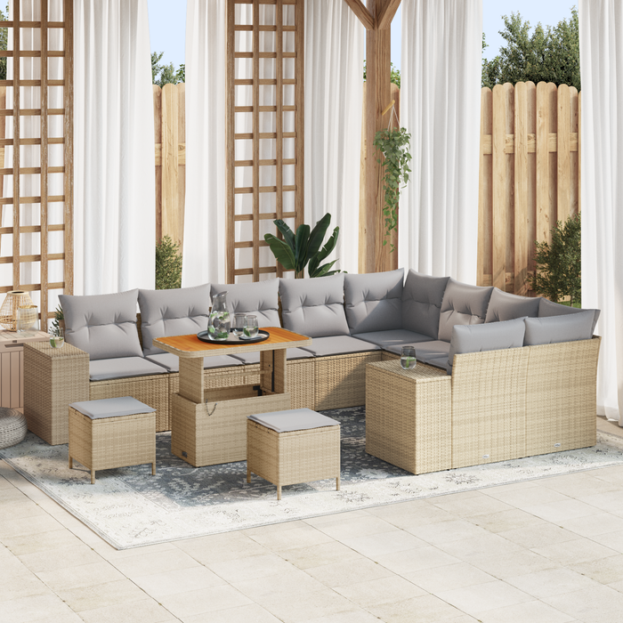 Set di Sofà da Giardino  12 Pezzi con Cuscini Rattan Beige Poli Rattan Acacia
