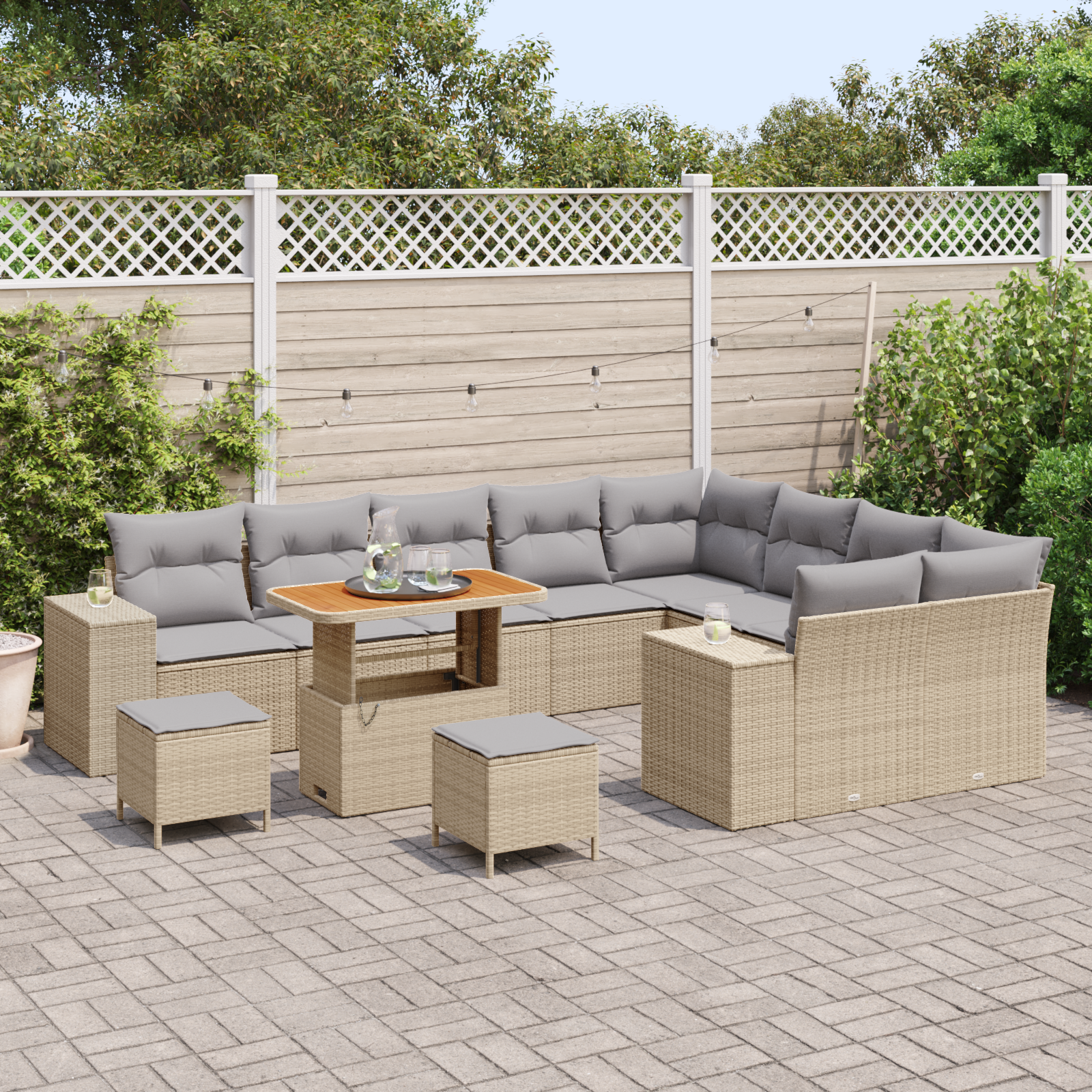 Set di Sofà da Giardino  12 Pezzi con Cuscini Rattan Beige Poli Rattan Acacia