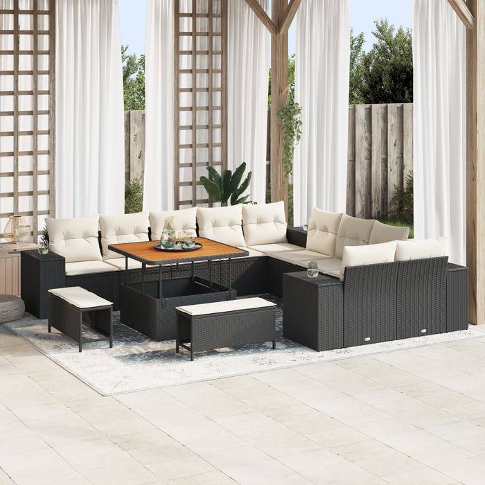 Set di Divani da Giardino con Cuscini Neri in Polyrattan Acacia da 13 Pezzi