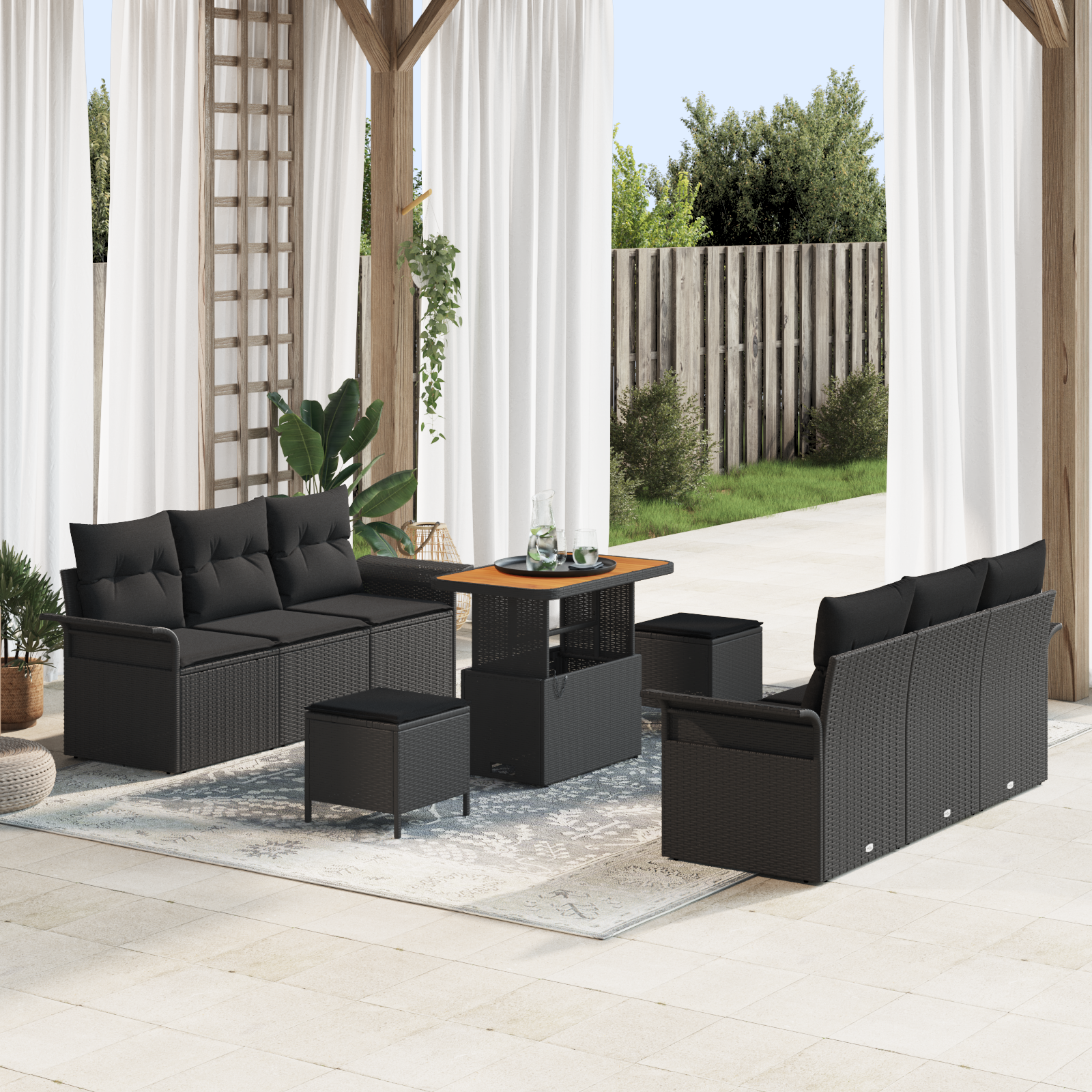 Set di Sofà da Giardino  9 Pezzi con Cuscini Polyrattan Nero Acacia