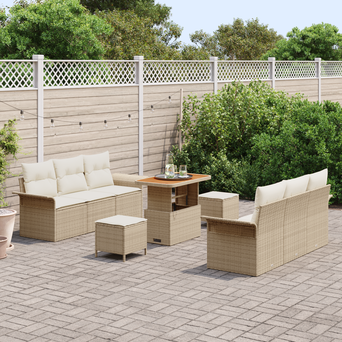 Set di Divano da Giardino 9 Pezzi con Cuscini Beige Polyrattan Acacia
