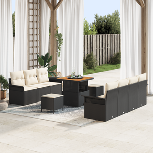 Set Divano da Giardino  10 Pezzi con Cuscini Nero Polyrattan Acacia