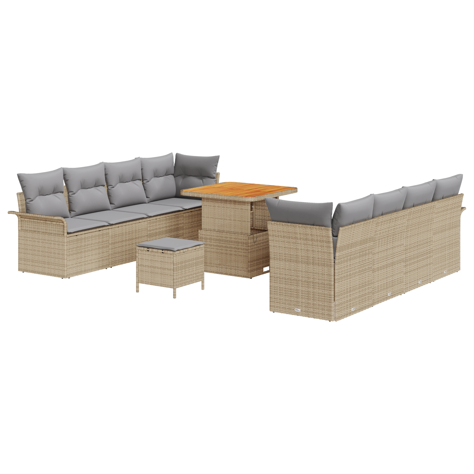Set Divano da Giardino in 11 Pezzi con Cuscini Beige Polyrattan Acacia