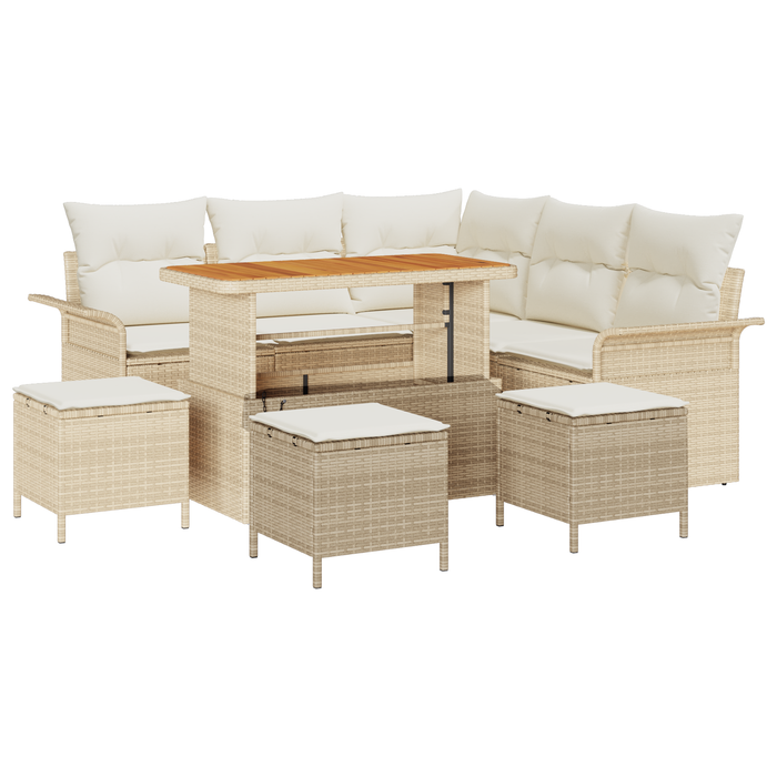 Set Divano da Giardino 9 Pezzi con Cuscini Beige Polyrattan Acacia