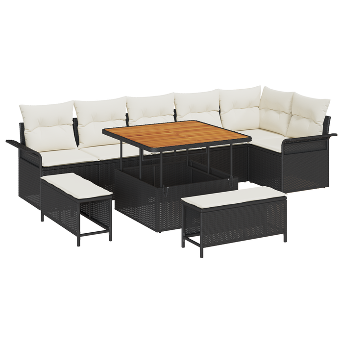 Set di divani da giardino di 9 pezzi con cuscini neri in polyrattan e acacia