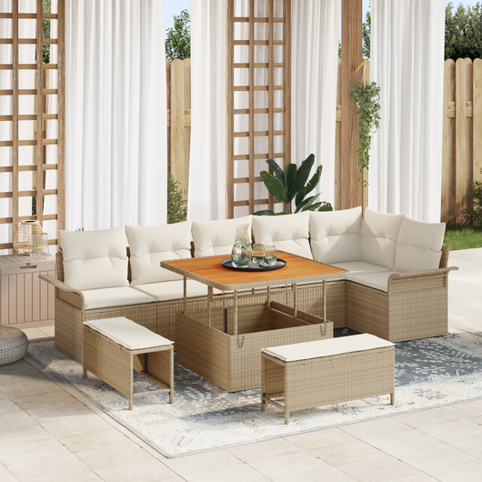 Set Divani da Giardino 9 Pezzi con Cuscini Beige Polyrattan Acacia