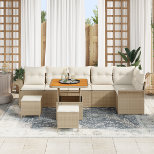 Set di divani da giardino 9 pezzi con cuscini beige in polyrattan e acacia