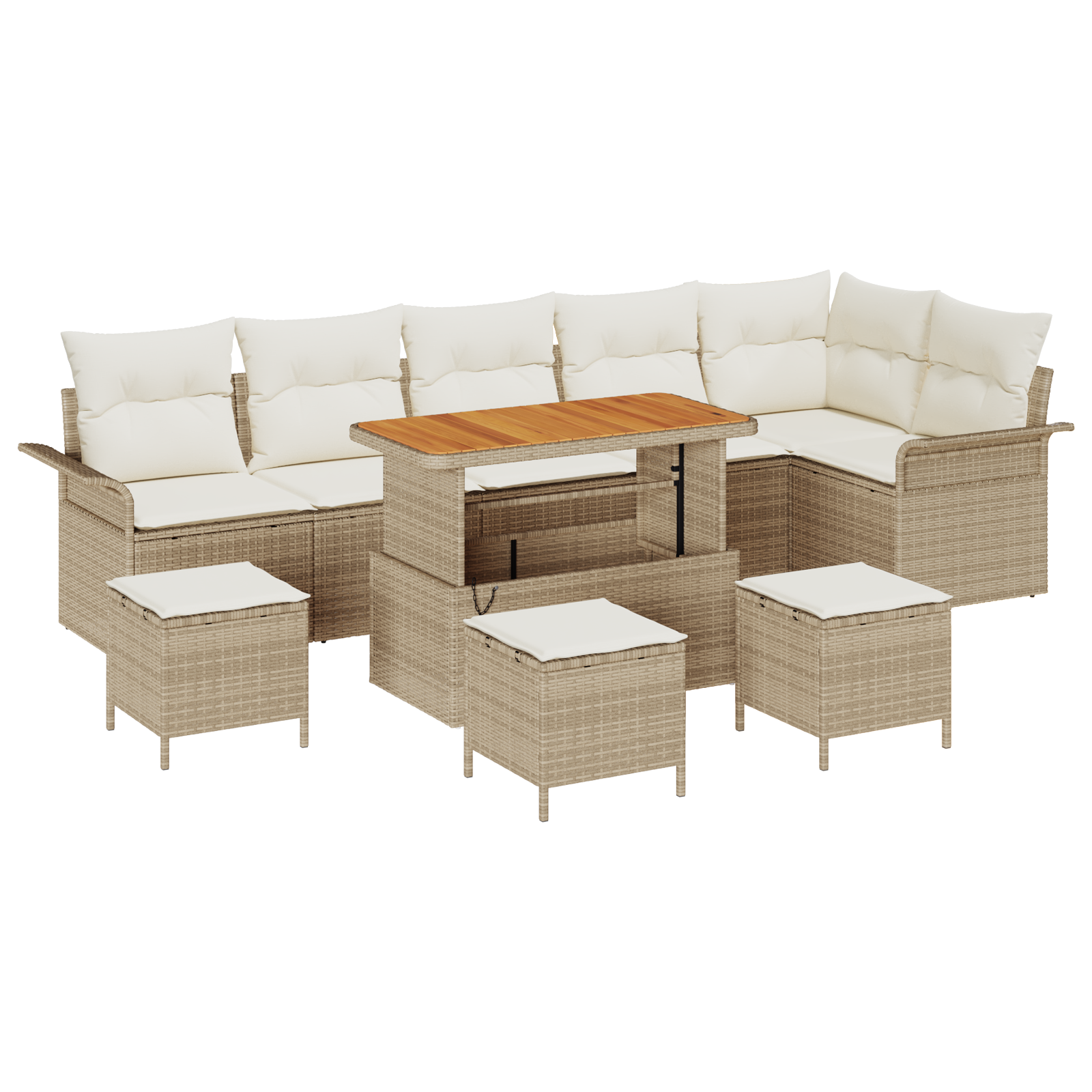 Set divani giardino  10 pezzi con cuscini beige in polirattan e acacia