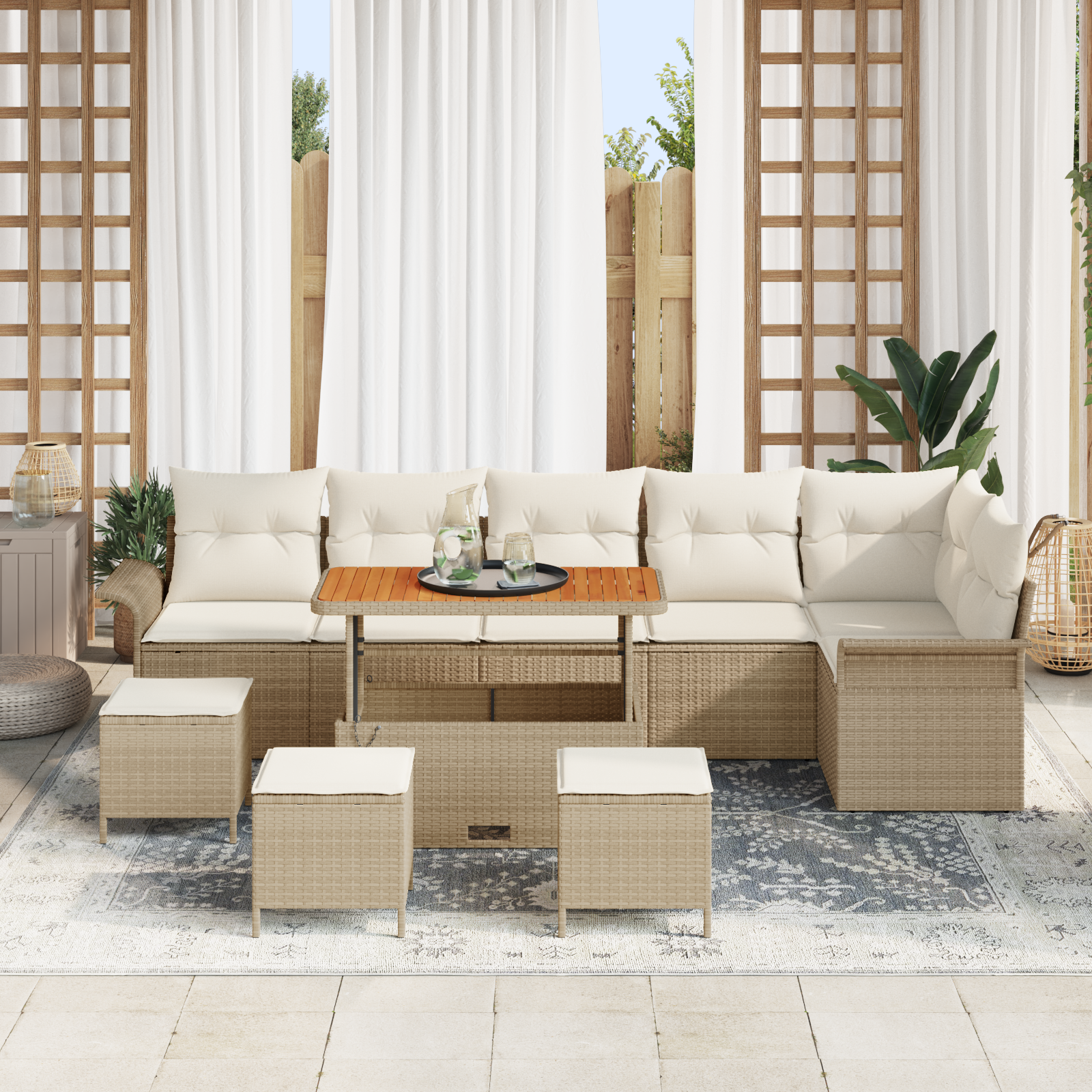 Set divani giardino  10 pezzi con cuscini beige in polirattan e acacia