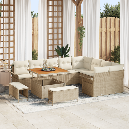 Set Divano da Giardino 12 Pezzi con Cuscini Beige Polyrattan Acacia