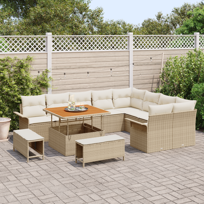 Set Divano da Giardino 12 Pezzi con Cuscini Beige Polyrattan Acacia