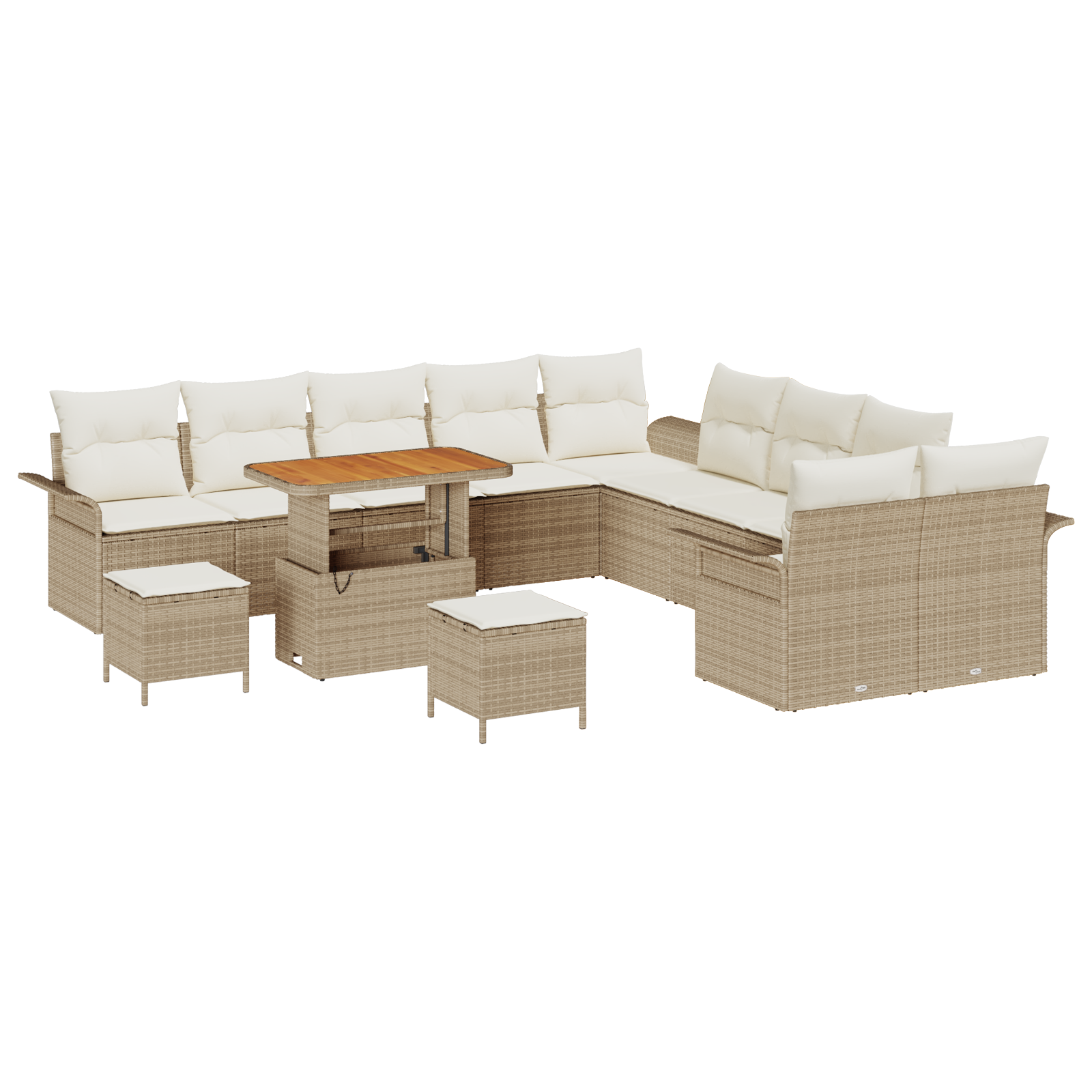 Set Divano da Giardino da 13 Pezzi con Cuscini Beige Polirattan Acacia
