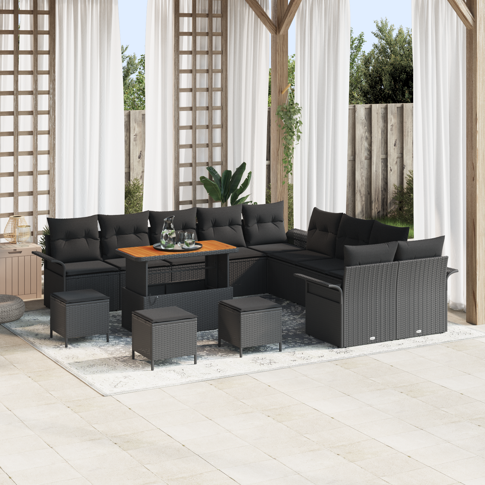 Set di divani da giardino da 14 pezzi con cuscini Nero Polyrattan Acacia