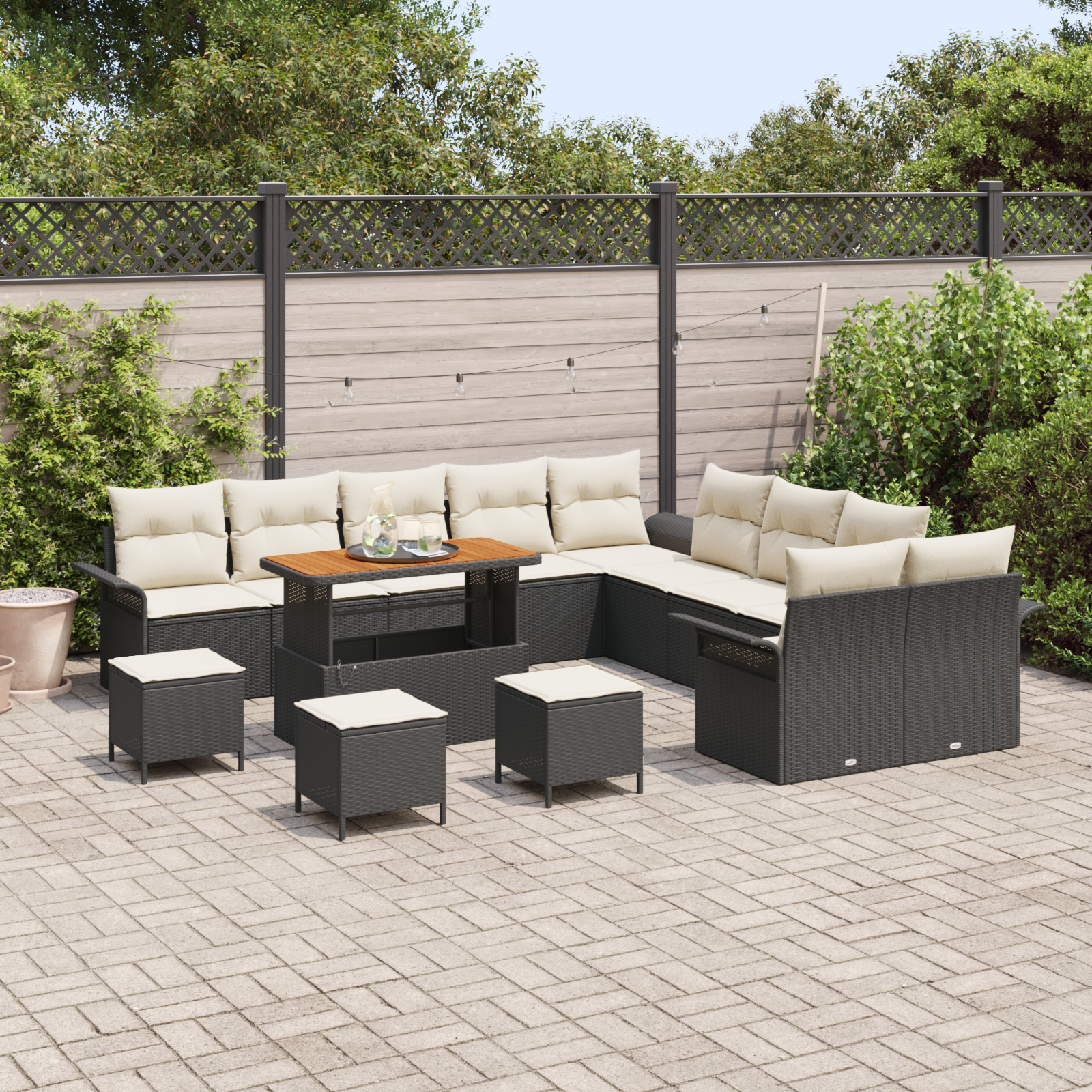 Set di Sofà da Giardino da 14 Pezzi con Cuscini Nero Polyrattan Acacia