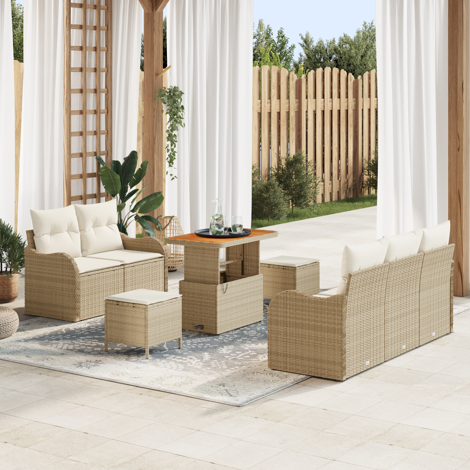 Set divano giardino 8 pezzi con cuscini polyrattan beige e acacia
