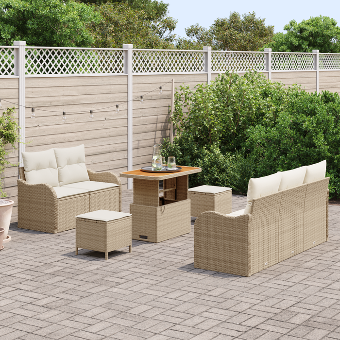 Set divano giardino 8 pezzi con cuscini polyrattan beige e acacia