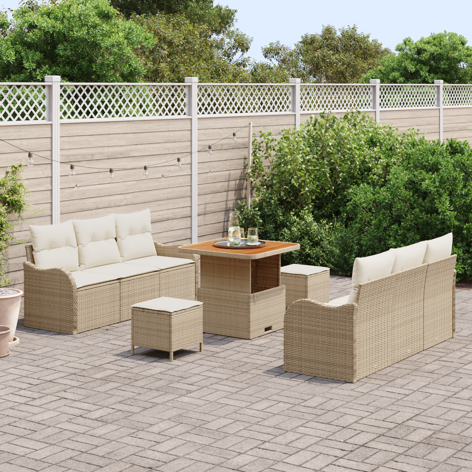 Set Divano da Giardino 9 Pezzi con Cuscini Beige Rattan Polietilene Acacia
