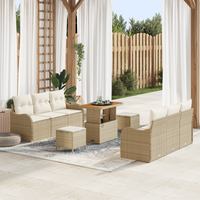 Set Divano da Giardino 9 Pezzi con Cuscini Beige in Polyrattan Acacia