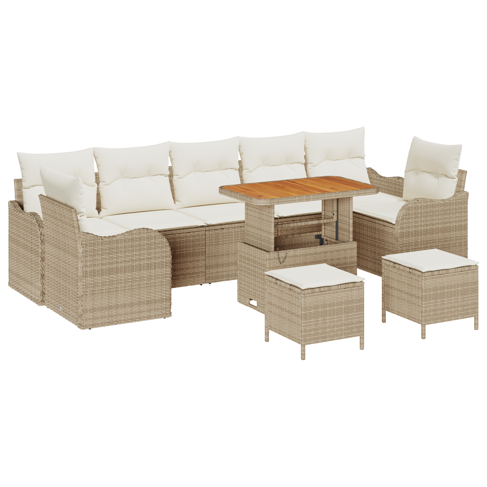 Set da Giardino da 10 Pezzi con Cuscini Beige in Rattan Polimerico e Acacia