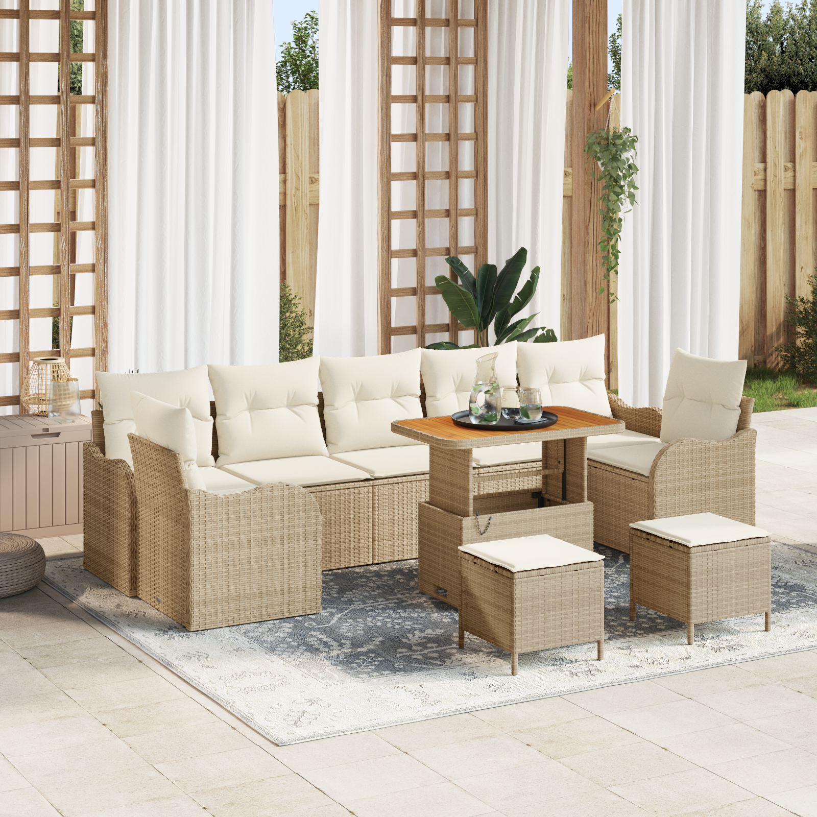 Set da Giardino da 10 Pezzi con Cuscini Beige in Rattan Polimerico e Acacia