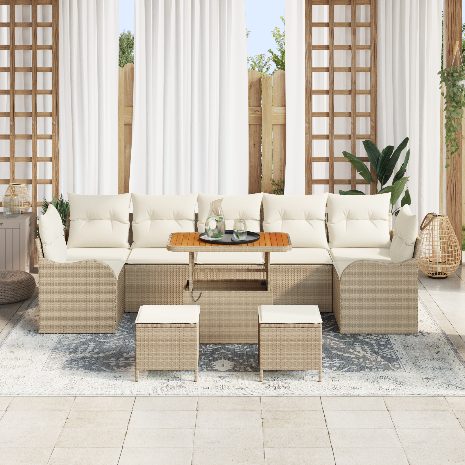 Set da Giardino da 10 Pezzi con Cuscini Beige in Rattan Polimerico e Acacia