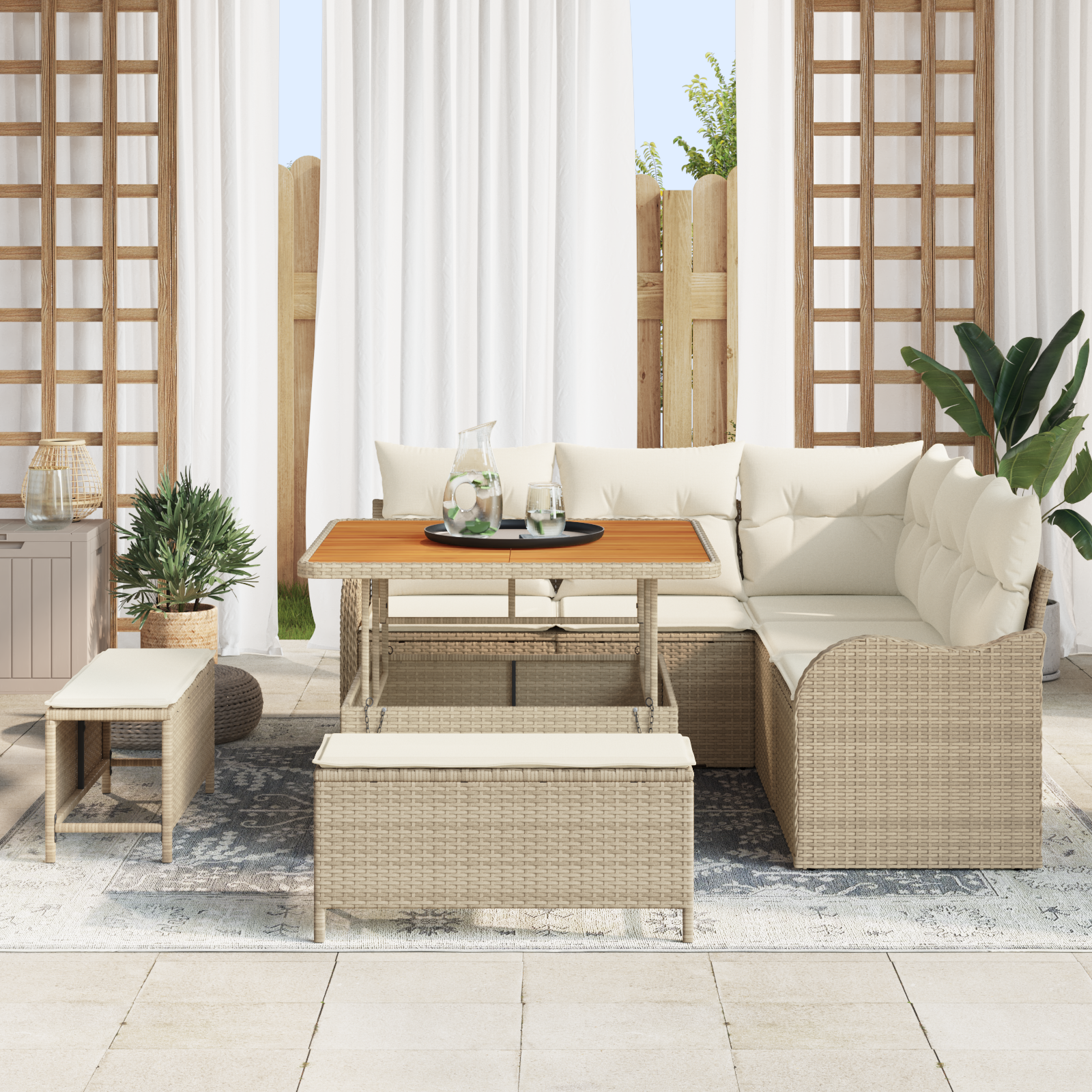 Set Divano da Giardino 8 Pezzi con Cuscini Beige Rattan Polimerico Acacia