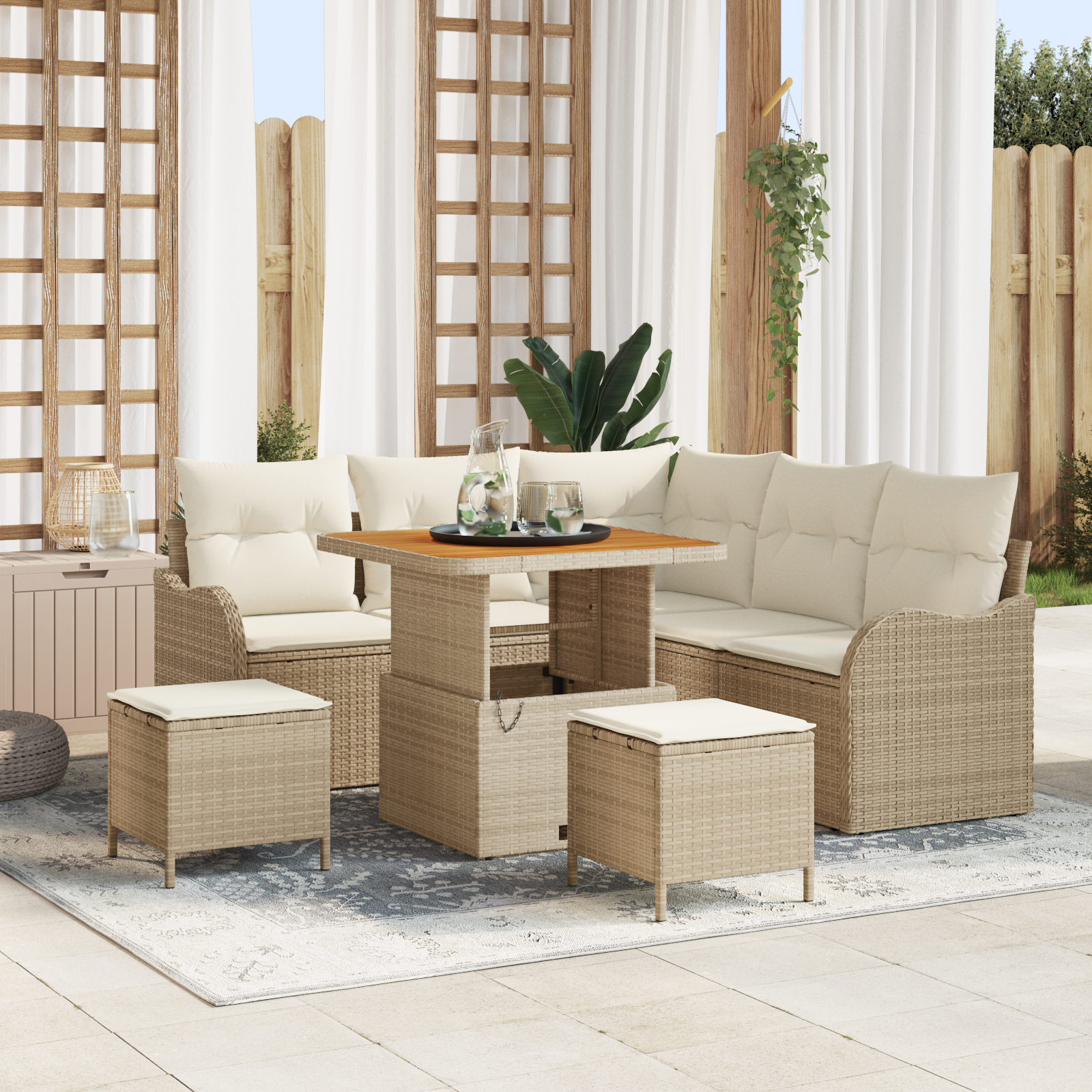 Set di Divano da Giardino  8 Pezzi con Cuscini Beige Polyrattan Acacia