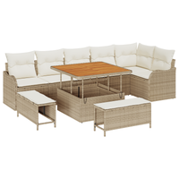 Set Divano da Giardino 9 Pezzi con Cuscini Rattan Poliestere Beige Acacia