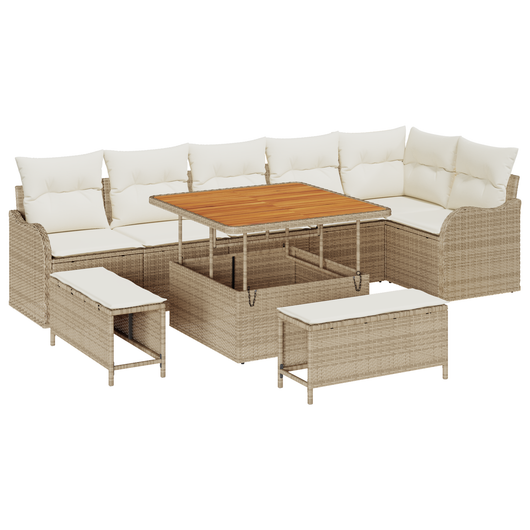 Set Divano da Giardino 9 Pezzi con Cuscini Rattan Poliestere Beige Acacia