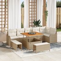 Set Divano da Giardino 9 Pezzi con Cuscini Rattan Poliestere Beige Acacia