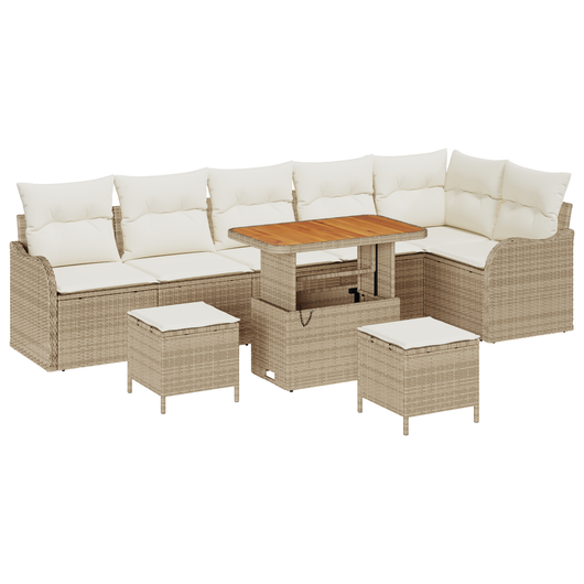 Set di Divano da Giardino 9 Pezzi con Cuscini in Polyrattan Beige Acacia