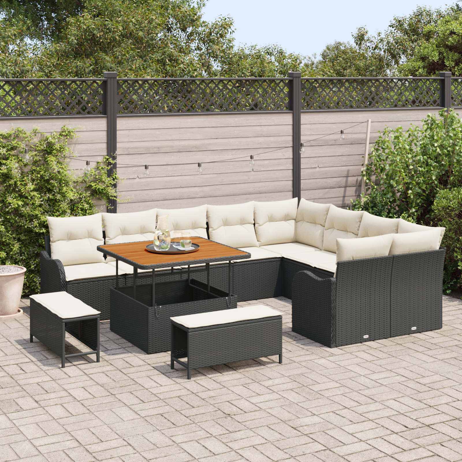 Set da Giardino  12 Pezzi con Cuscini Nero Polyrattan Acacia