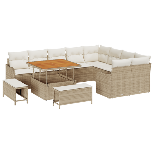 Set Divano Giardino 12 Pezzi con Cuscini Beige Polirattan Acacia