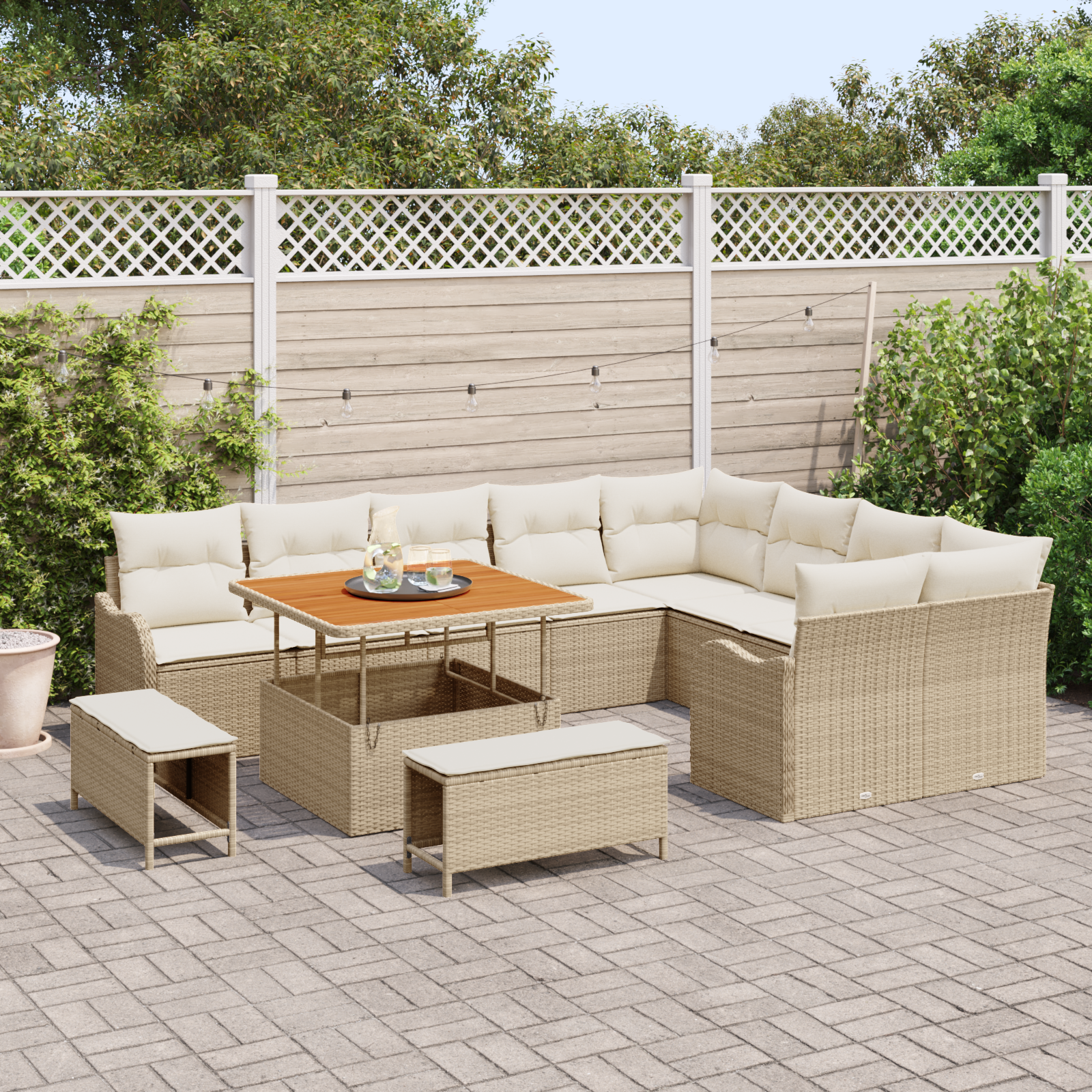 Set Divano Giardino 12 Pezzi con Cuscini Beige Polirattan Acacia