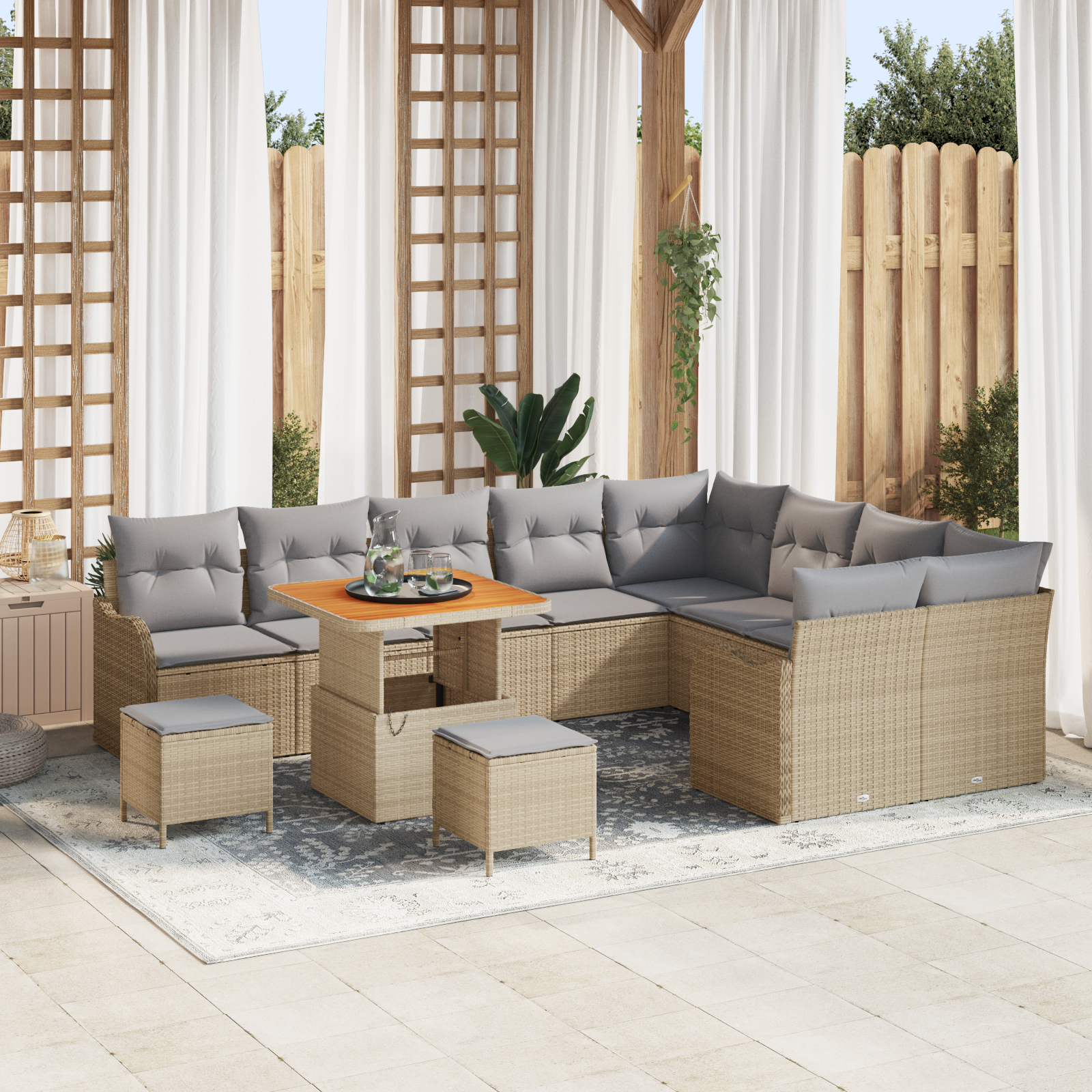 Set di Divani da Giardino con Cuscini 12 Pezzi Beige Polirattan Acacia