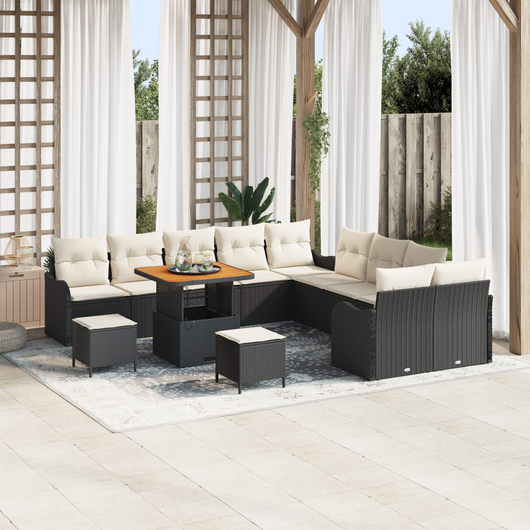 Set di Sofà da Giardino  13 Pezzi con Cuscini Nero Polyrattan Acacia