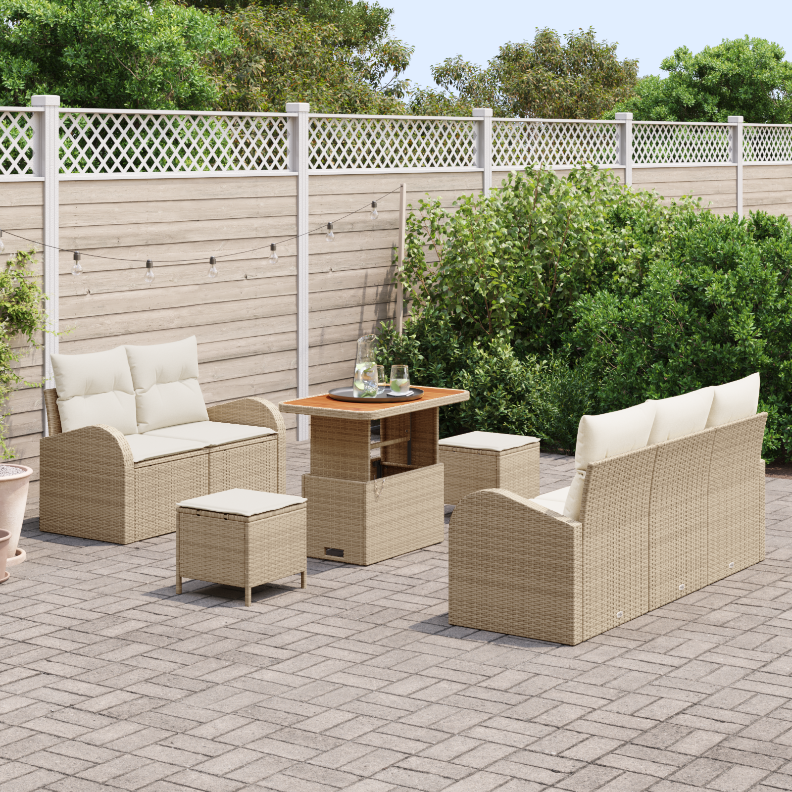 Set Divano da Giardino  8 Pezzi con Cuscini Beige Polyrattan Acacia