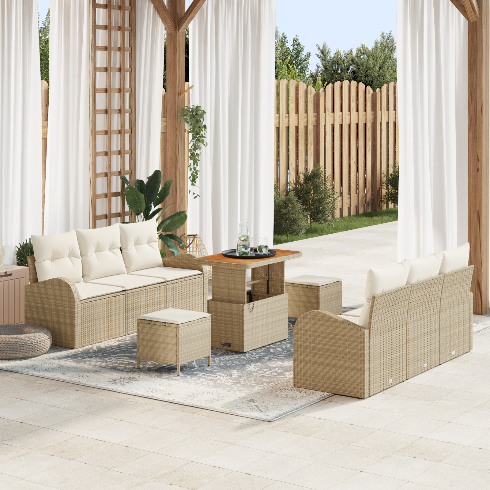 Set di Divani da Giardino  9 pezzi con cuscini beige in polyrattan acacia