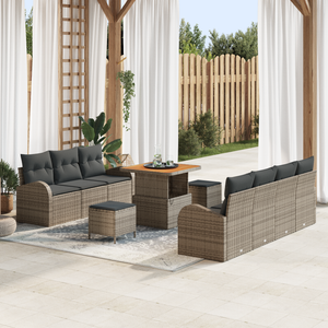 Set di divani da giardino da 10 pezzi con cuscini Grigio Rattan Poliestere Acacia