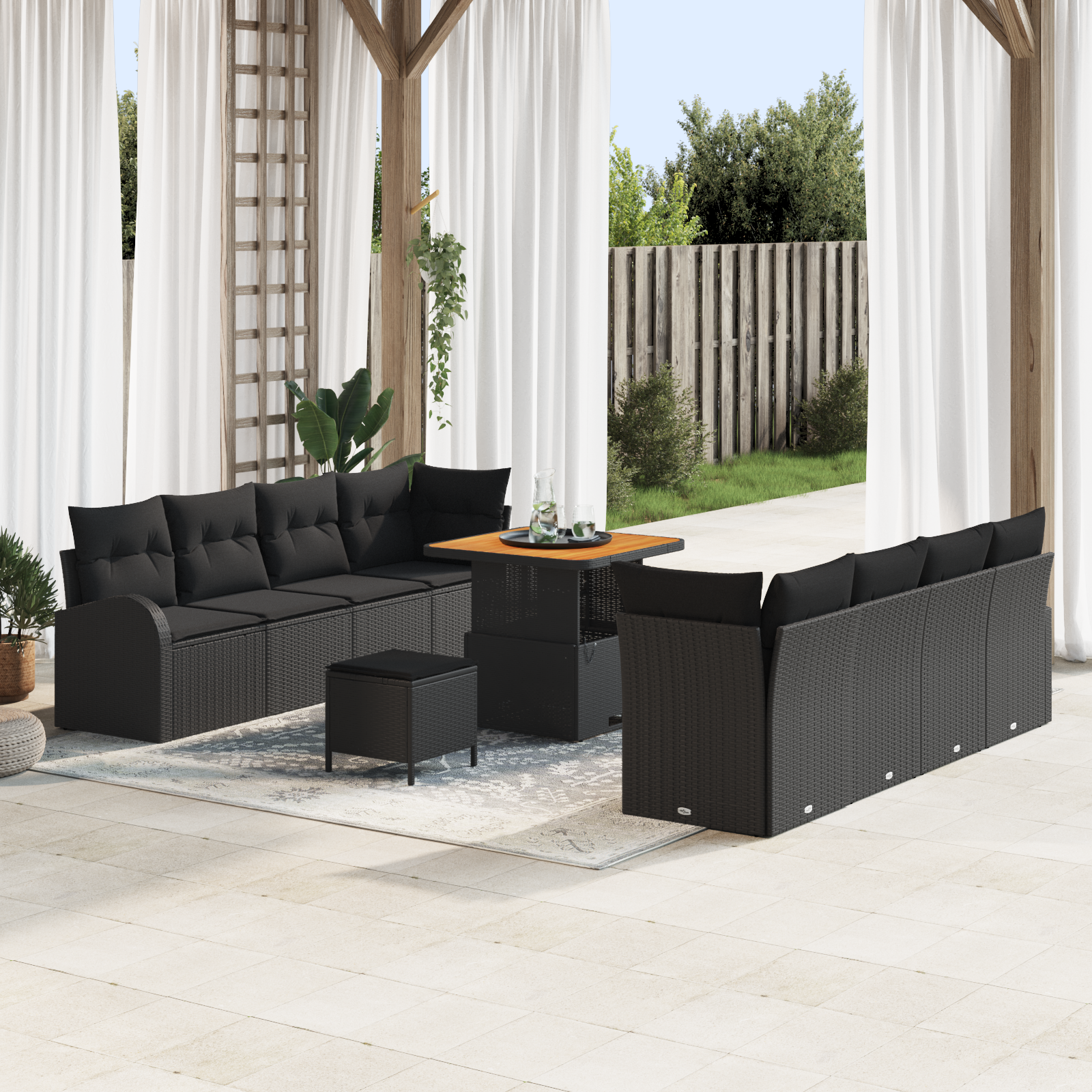 Set Divano da Giardino 11 Pezzi con Cuscini Nero Polyrattan Acacia